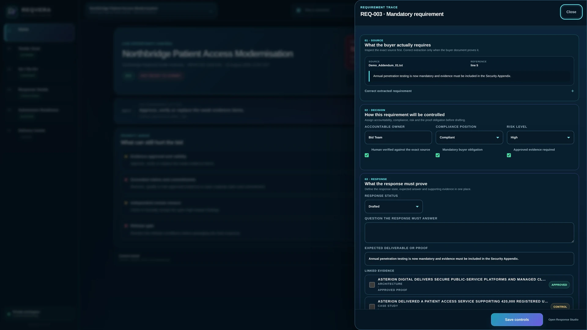 Requirement Trace REQVERA con la fonte del committente e il requisito controllato